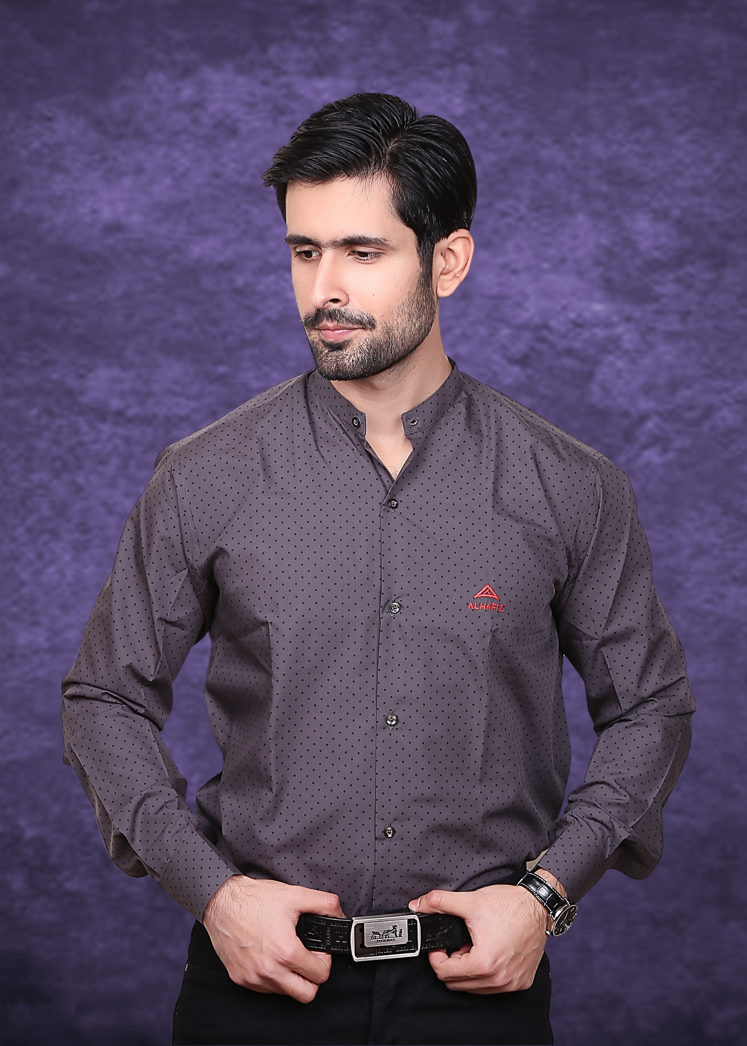 image00761 Men's Charcoal Polka Dot Casual Shirt - Image 1